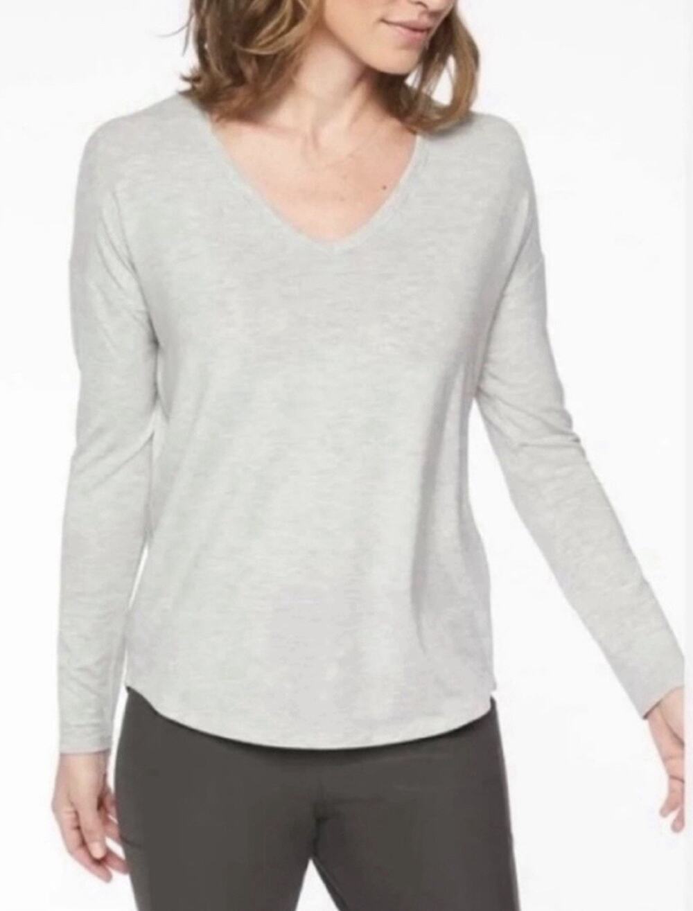 Athleta Cloudlight Relaxed Long Sleeve V-Neck Tee Modal Gray Womens Small